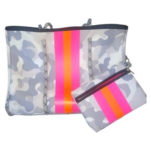 Neoprene Camo Pink, Orange Stripe In Gray Tote With Purse For Beach, Gym, Travel